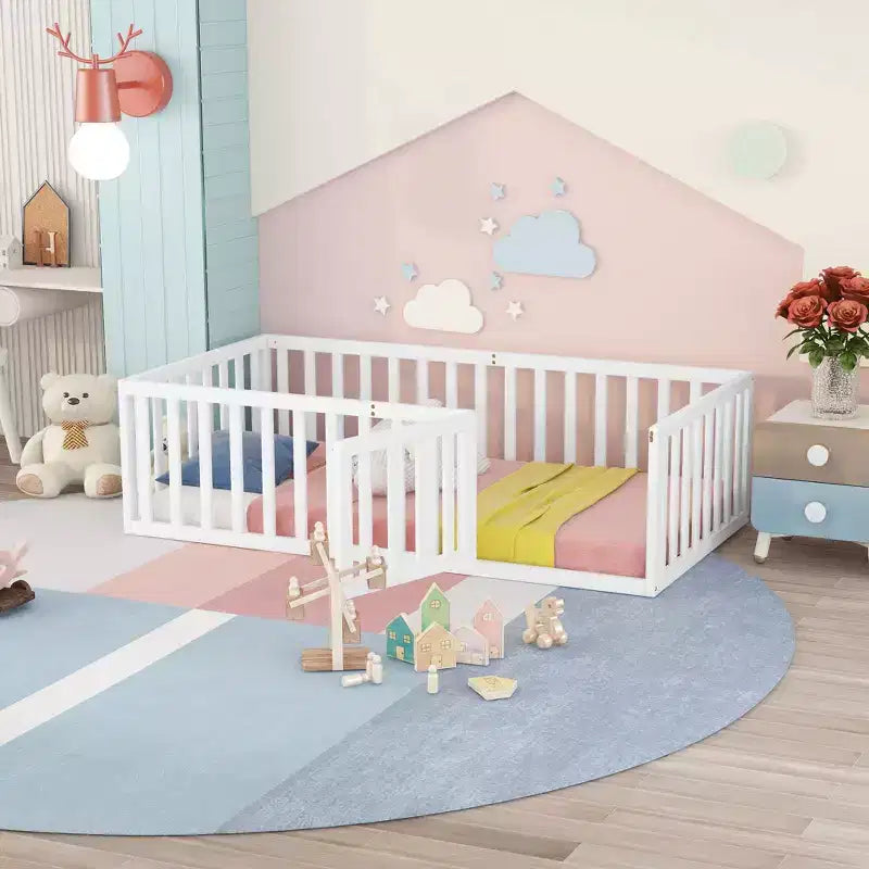 TUYOHW Twin Size Toddler Floor Bed for Kids,Modern Wood Montessori Bed with Heightened Safety Guardrails and Door for Bedroom