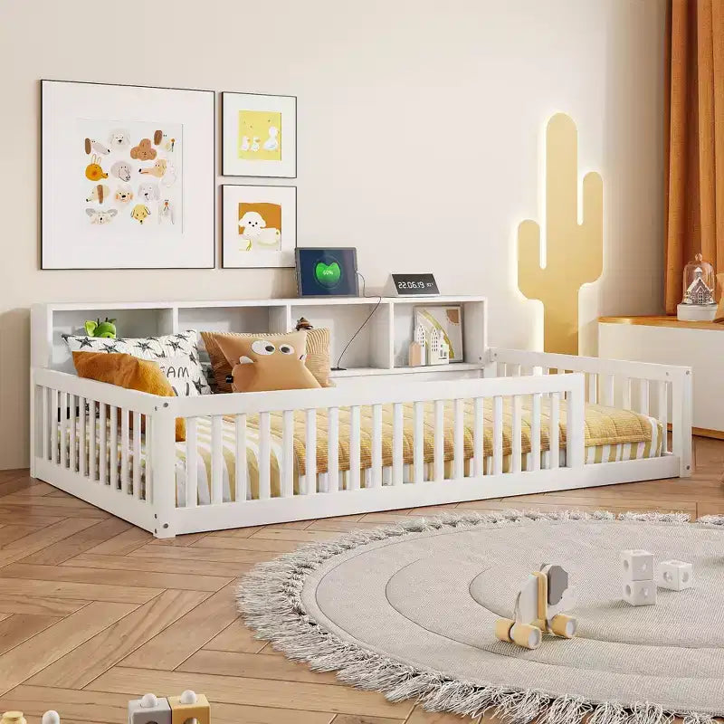 TUYOHW Twin XL Size Toddler Floor Bed with Storage Cabinets and USB Portsfor Kids,Modern Montessori Bed with Safety Guardrails for Bedroom