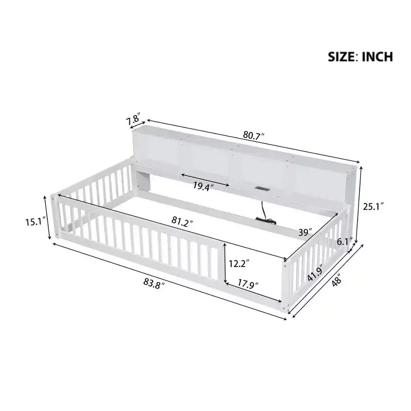 TUYOHW Twin XL Size Toddler Floor Bed with Storage Cabinets and USB Portsfor Kids,Modern Montessori Bed with Safety Guardrails for Bedroom