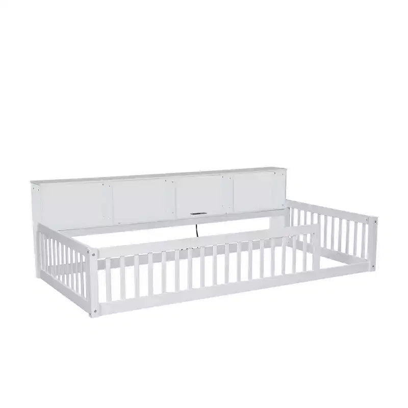 TUYOHW Twin XL Size Toddler Floor Bed with Storage Cabinets and USB Portsfor Kids,Modern Montessori Bed with Safety Guardrails for Bedroom