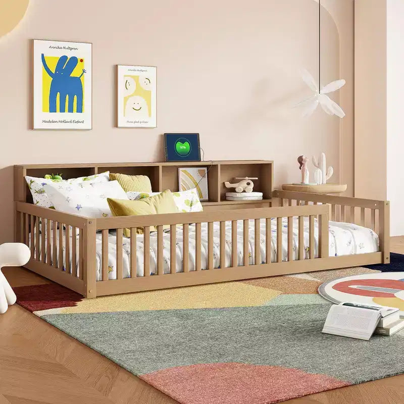 TUYOHW Twin XL Size Toddler Floor Bed with Storage Cabinets and USB Portsfor Kids,Modern Montessori Bed with Safety Guardrails for Bedroom