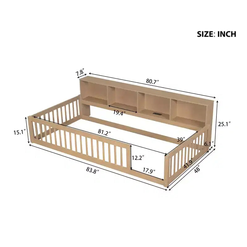 TUYOHW Twin XL Size Toddler Floor Bed with Storage Cabinets and USB Portsfor Kids,Modern Montessori Bed with Safety Guardrails for Bedroom