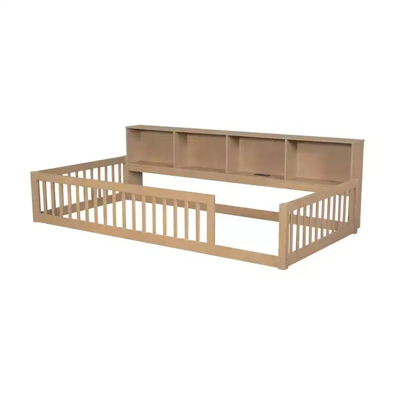 TUYOHW Twin XL Size Toddler Floor Bed with Storage Cabinets and USB Portsfor Kids,Modern Montessori Bed with Safety Guardrails for Bedroom