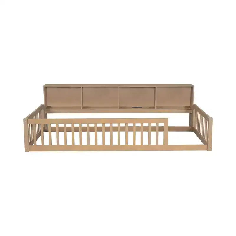 TUYOHW Twin XL Size Toddler Floor Bed with Storage Cabinets and USB Portsfor Kids,Modern Montessori Bed with Safety Guardrails for Bedroom