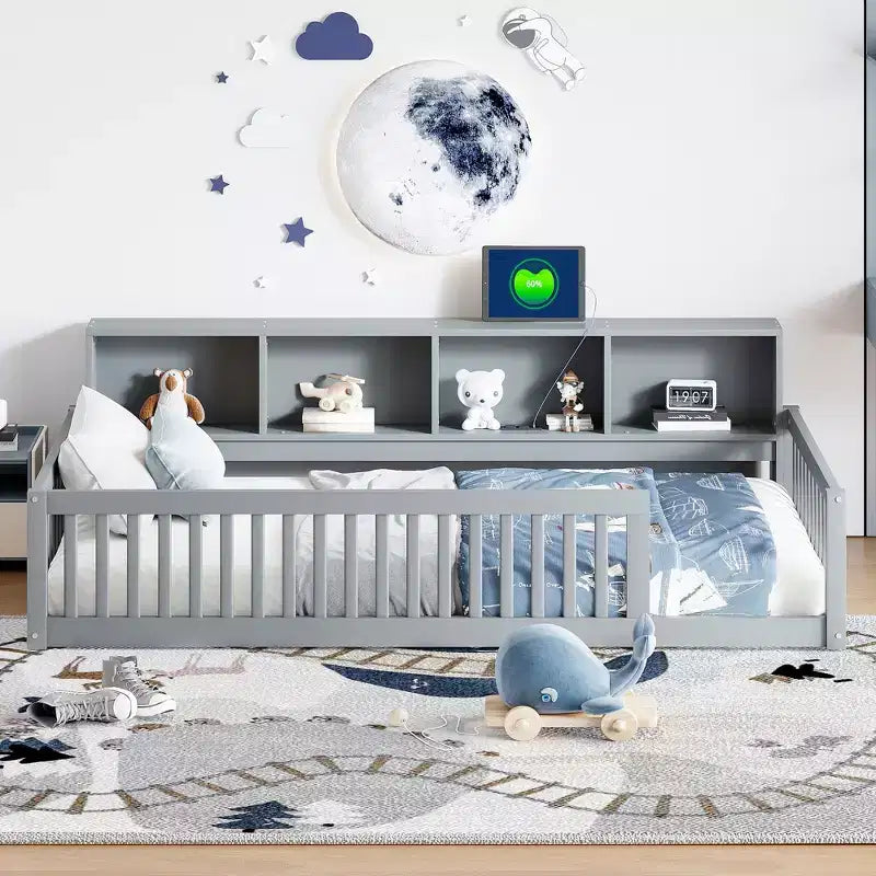 TUYOHW Twin XL Size Toddler Floor Bed with Storage Cabinets and USB Portsfor Kids,Modern Montessori Bed with Safety Guardrails for Bedroom