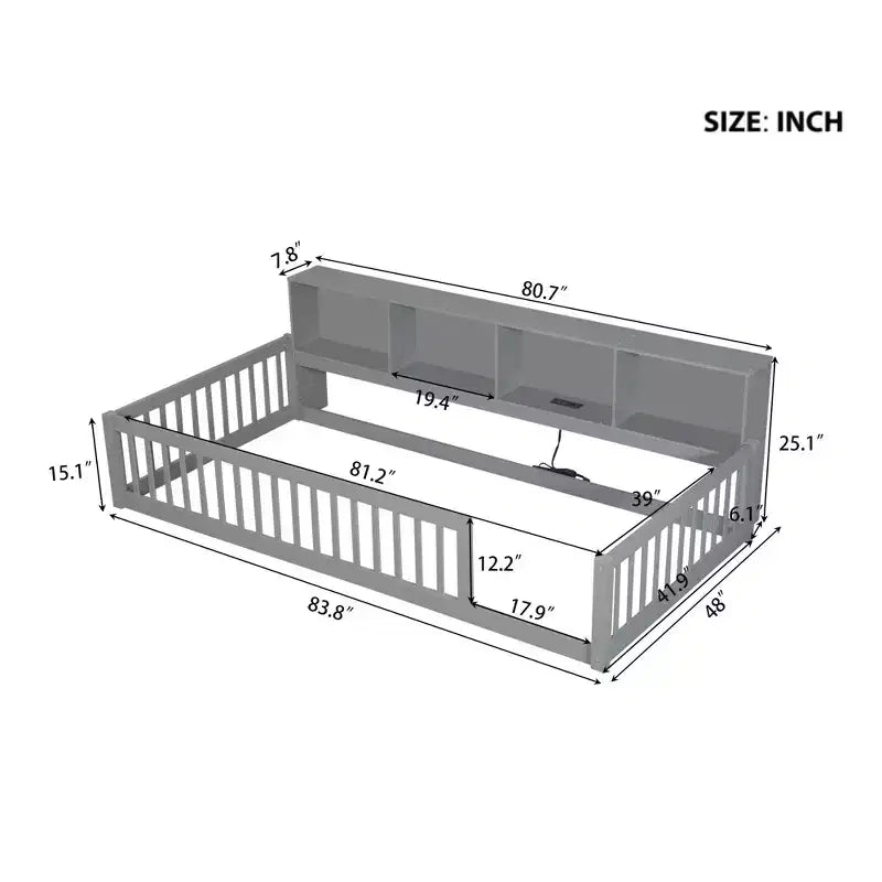 TUYOHW Twin XL Size Toddler Floor Bed with Storage Cabinets and USB Portsfor Kids,Modern Montessori Bed with Safety Guardrails for Bedroom