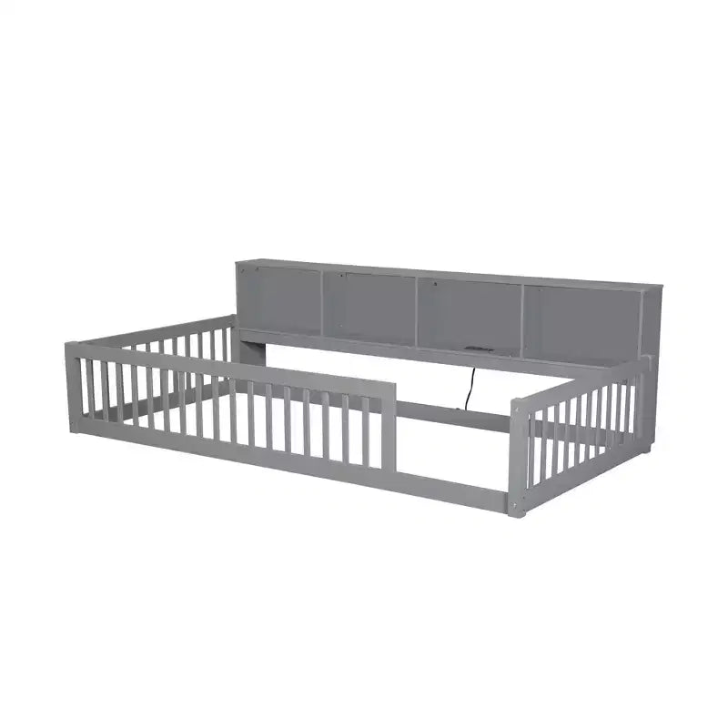 TUYOHW Twin XL Size Toddler Floor Bed with Storage Cabinets and USB Portsfor Kids,Modern Montessori Bed with Safety Guardrails for Bedroom