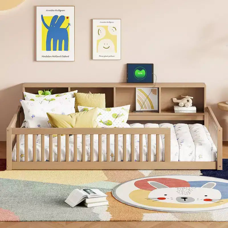 TUYOHW Twin XL Size Toddler Floor Bed with Storage Cabinets and USB Portsfor Kids,Modern Montessori Bed with Safety Guardrails for Bedroom