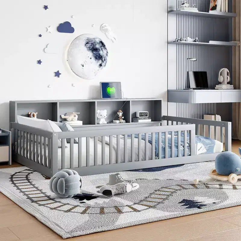 TUYOHW Twin XL Size Toddler Floor Bed with Storage Cabinets and USB Portsfor Kids,Modern Montessori Bed with Safety Guardrails for Bedroom