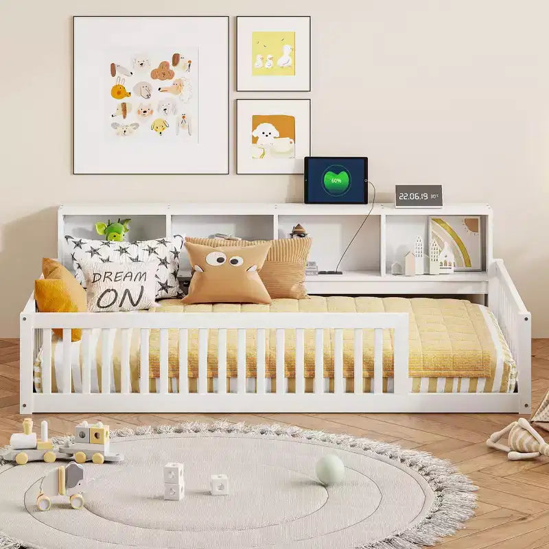 TUYOHW Twin XL Size Toddler Floor Bed with Storage Cabinets and USB Portsfor Kids,Modern Montessori Bed with Safety Guardrails for Bedroom