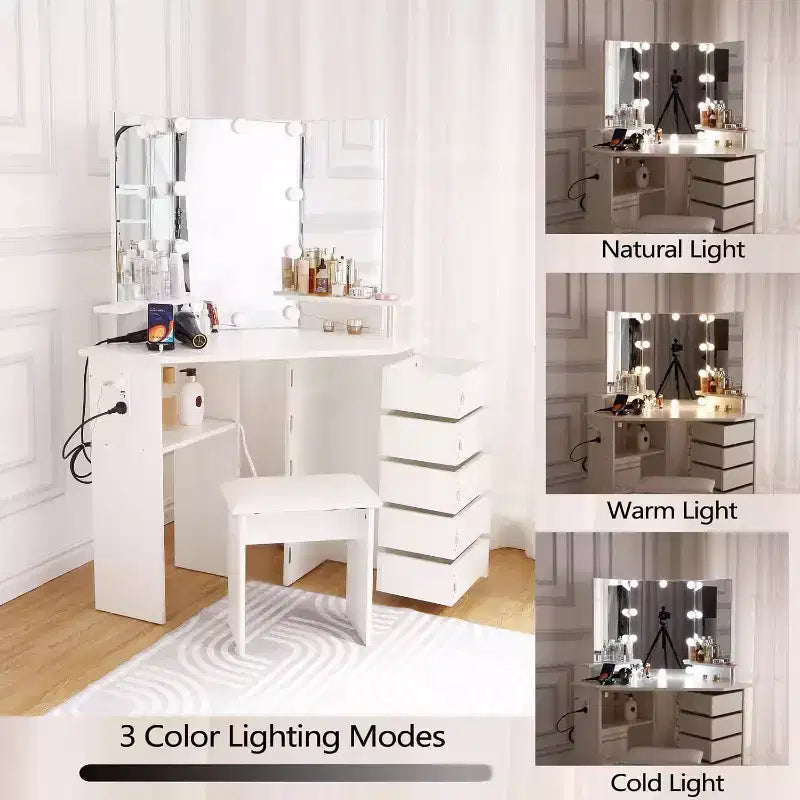 Garvee Makeup Vanity Desk with Mirror, Corner Vanity Desk with Stool, Vanity Table with 5 Rotating Drawers,Black