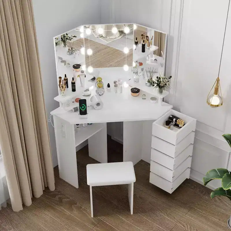 Garvee Makeup Vanity Desk with Mirror, Corner Vanity Desk with Stool, Vanity Table with 5 Rotating Drawers,Black