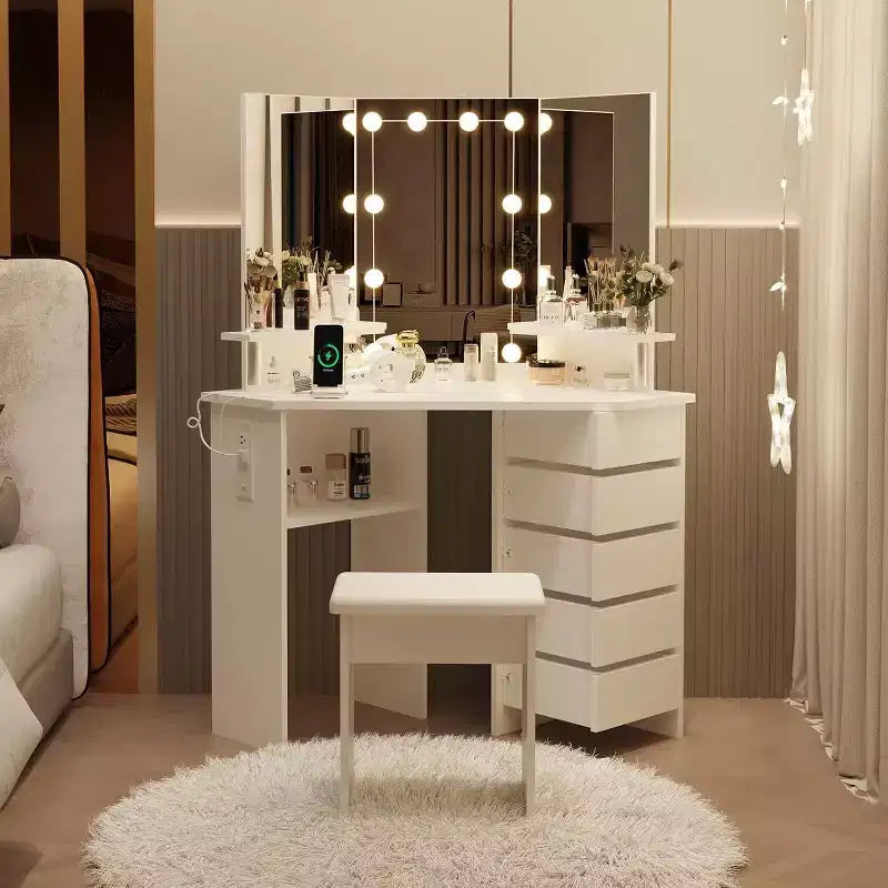 Garvee Makeup Vanity Desk with Mirror, Corner Vanity Desk with Stool, Vanity Table with 5 Rotating Drawers,Black