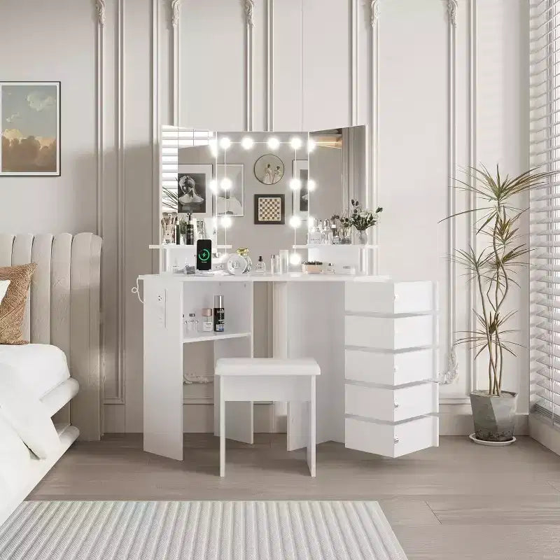 Garvee Makeup Vanity Desk with Mirror, Corner Vanity Desk with Stool, Vanity Table with 5 Rotating Drawers,Black