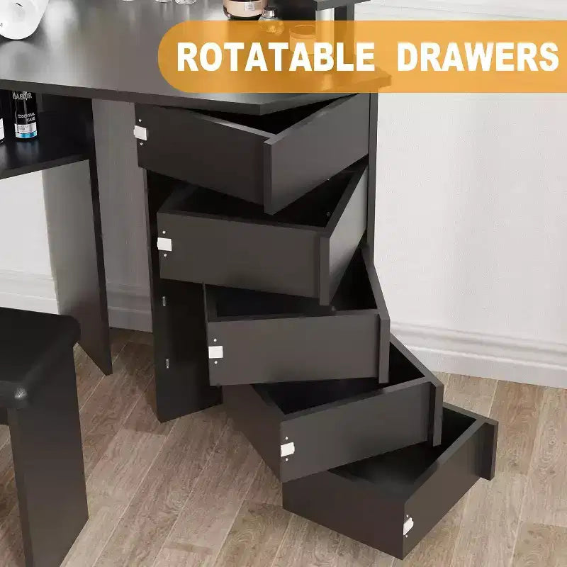 Garvee Makeup Vanity Desk with Mirror, Corner Vanity Desk with Stool, Vanity Table with 5 Rotating Drawers,Black