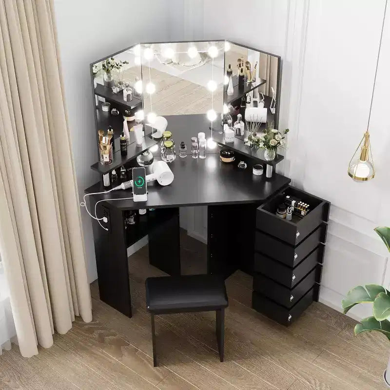 Garvee Makeup Vanity Desk with Mirror, Corner Vanity Desk with Stool, Vanity Table with 5 Rotating Drawers,Black