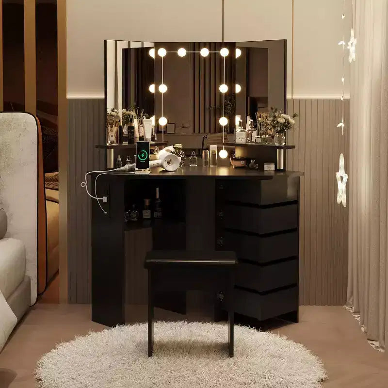 Garvee Makeup Vanity Desk with Mirror, Corner Vanity Desk with Stool, Vanity Table with 5 Rotating Drawers,Black