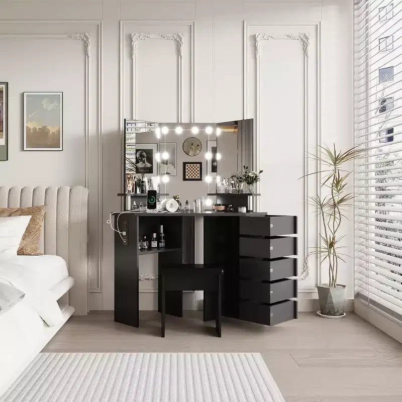 Garvee Makeup Vanity Desk with Mirror, Corner Vanity Desk with Stool, Vanity Table with 5 Rotating Drawers,Black