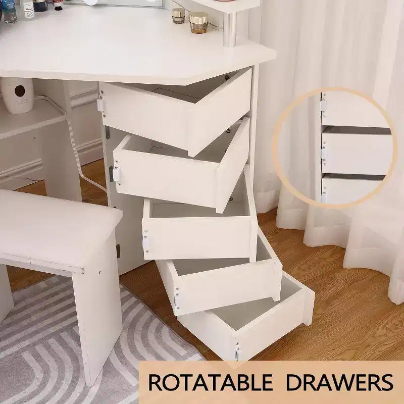 Garvee Makeup Vanity Desk with Mirror, Corner Vanity Desk with Stool, Vanity Table with 5 Rotating Drawers,Black