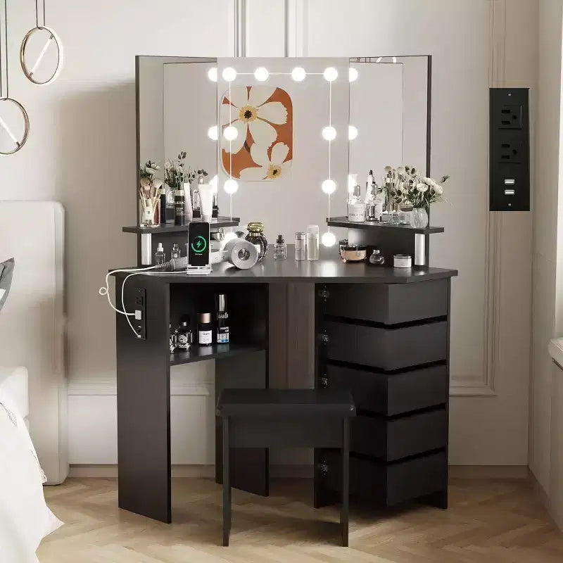 Garvee Makeup Vanity Desk with Mirror, Corner Vanity Desk with Stool, Vanity Table with 5 Rotating Drawers,Black
