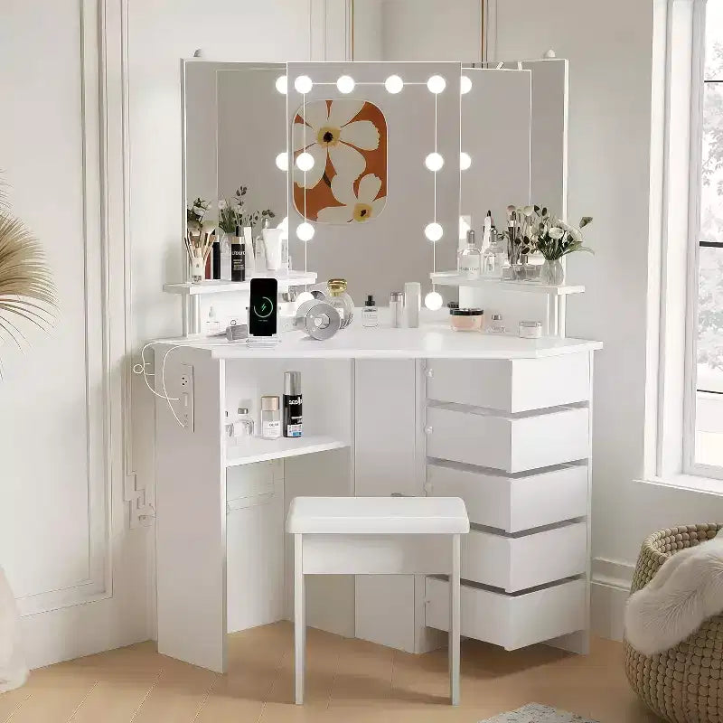Garvee Makeup Vanity Desk with Mirror, Corner Vanity Desk with Stool, Vanity Table with 5 Rotating Drawers,Black