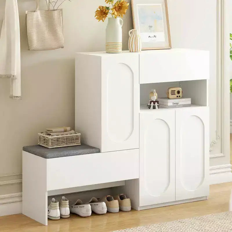 MAYEERTY 2-in-1 Modern Shoe Cabinet with Soft Cushion, Arched Doors Rebound Devices Adjustable Shelves, White