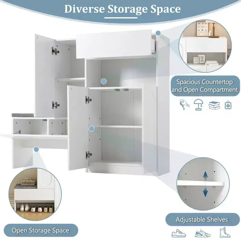 MAYEERTY 2-in-1 Modern Shoe Cabinet with Soft Cushion, Arched Doors Rebound Devices Adjustable Shelves, White