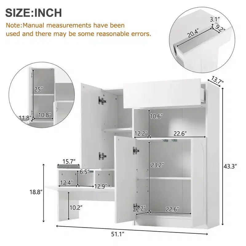 MAYEERTY 2-in-1 Modern Shoe Cabinet with Soft Cushion, Arched Doors Rebound Devices Adjustable Shelves, White
