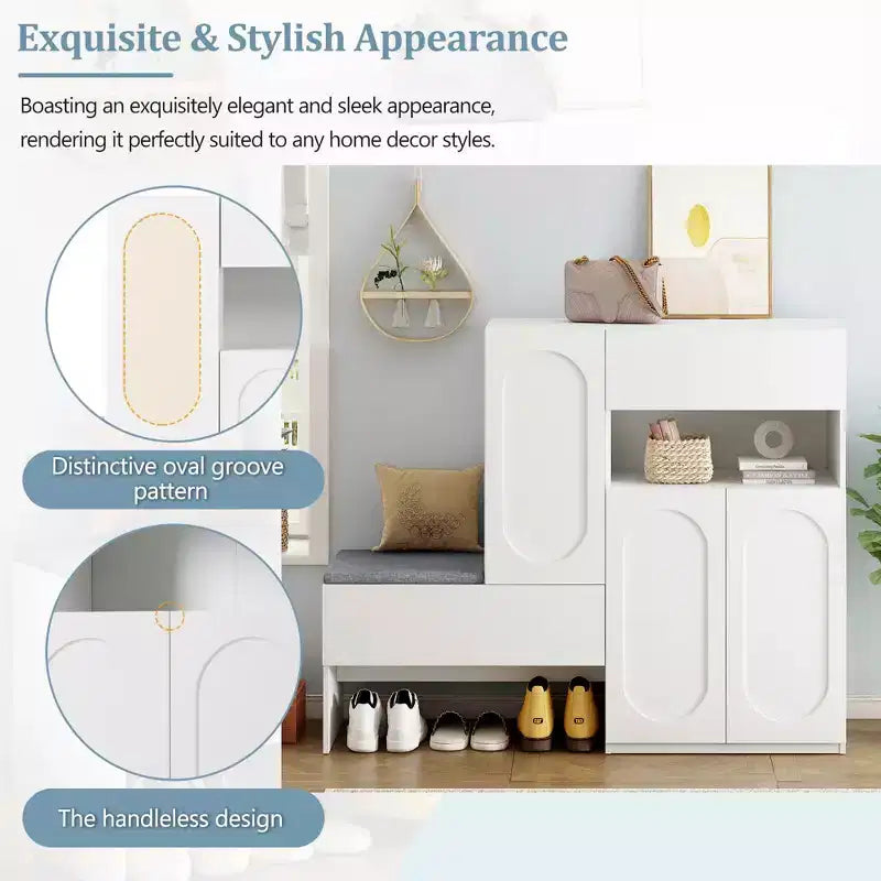 MAYEERTY 2-in-1 Modern Shoe Cabinet with Soft Cushion, Arched Doors Rebound Devices Adjustable Shelves, White