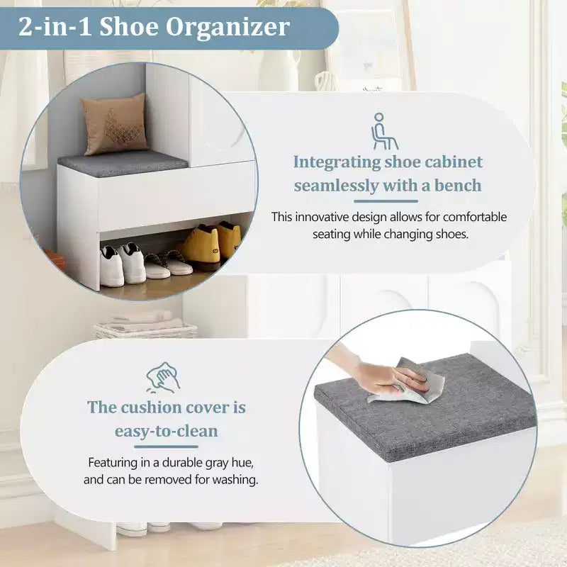 MAYEERTY 2-in-1 Modern Shoe Cabinet with Soft Cushion, Arched Doors Rebound Devices Adjustable Shelves, White