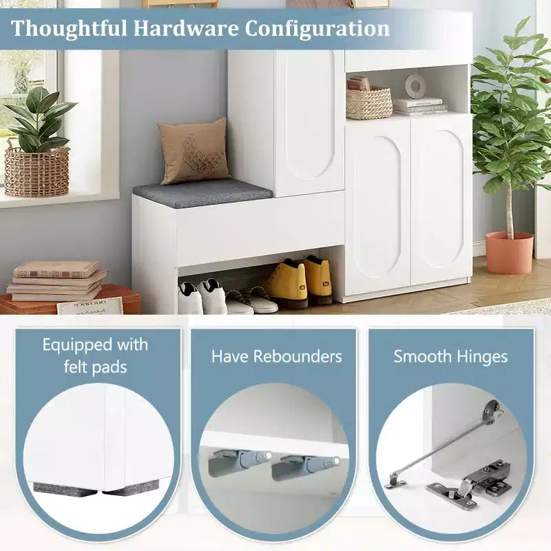 MAYEERTY 2-in-1 Modern Shoe Cabinet with Soft Cushion, Arched Doors Rebound Devices Adjustable Shelves, White