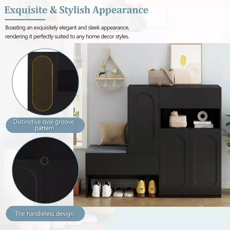 MAYEERTY 2-in-1 Modern Shoe Cabinet with Soft Cushion, Arched Doors Rebound Devices Adjustable Shelves, White