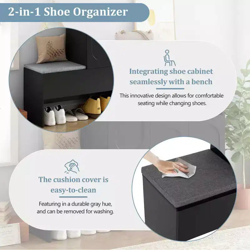 MAYEERTY 2-in-1 Modern Shoe Cabinet with Soft Cushion, Arched Doors Rebound Devices Adjustable Shelves, White
