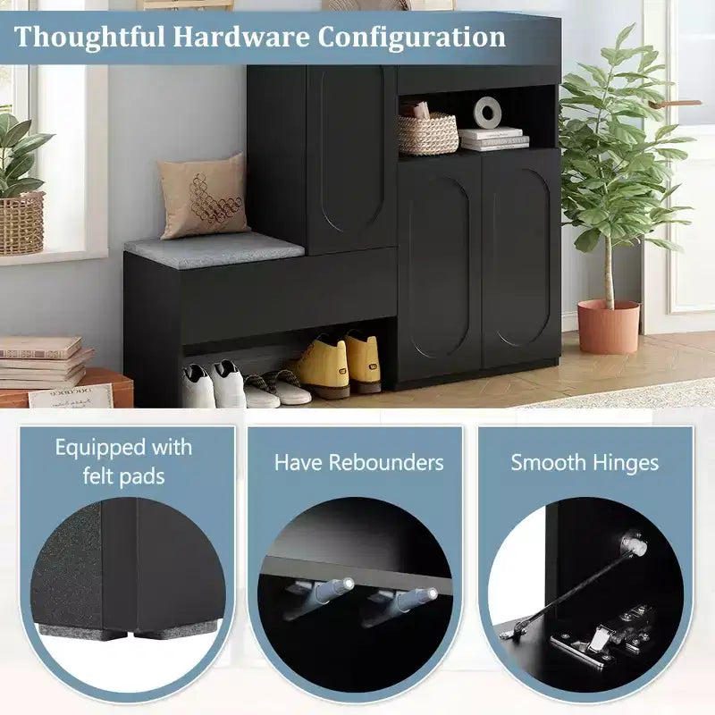 MAYEERTY 2-in-1 Modern Shoe Cabinet with Soft Cushion, Arched Doors Rebound Devices Adjustable Shelves, White