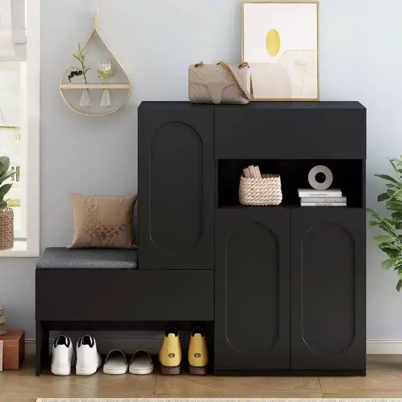 MAYEERTY 2-in-1 Modern Shoe Cabinet with Soft Cushion, Arched Doors Rebound Devices Adjustable Shelves, White