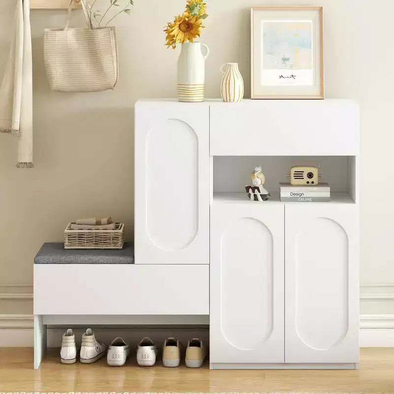 MAYEERTY 2-in-1 Modern Shoe Cabinet with Soft Cushion, Arched Doors Rebound Devices Adjustable Shelves, White