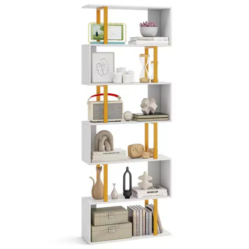 Costway 6-Tier Geometric Bookcase 74.5-Inch S-Shaped Bookshelf w/ Metal Frame Gold
