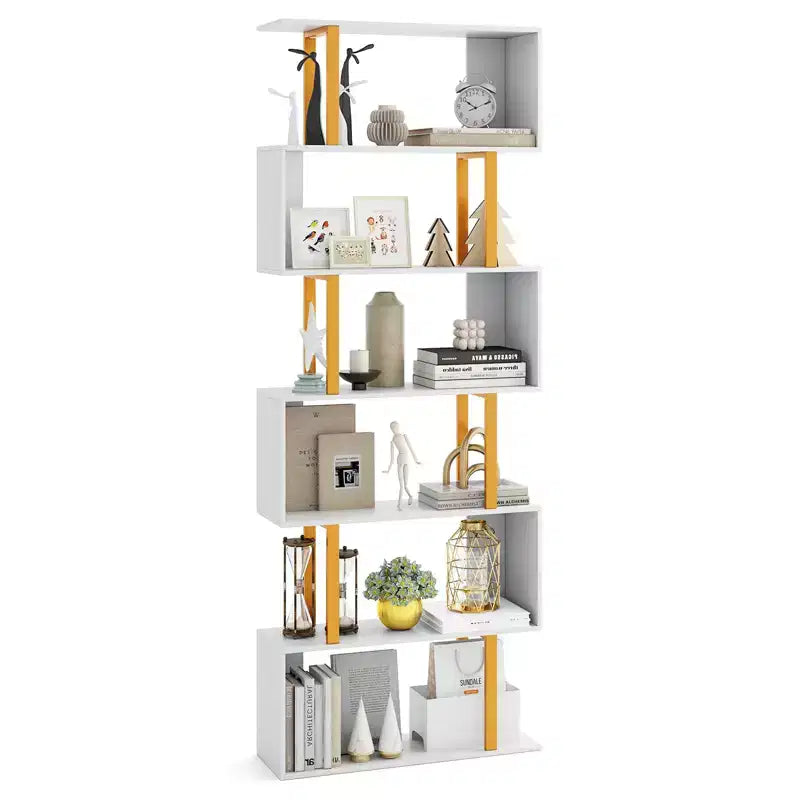 Costway 6-Tier Geometric Bookcase 74.5-Inch S-Shaped Bookshelf w/ Metal Frame Gold