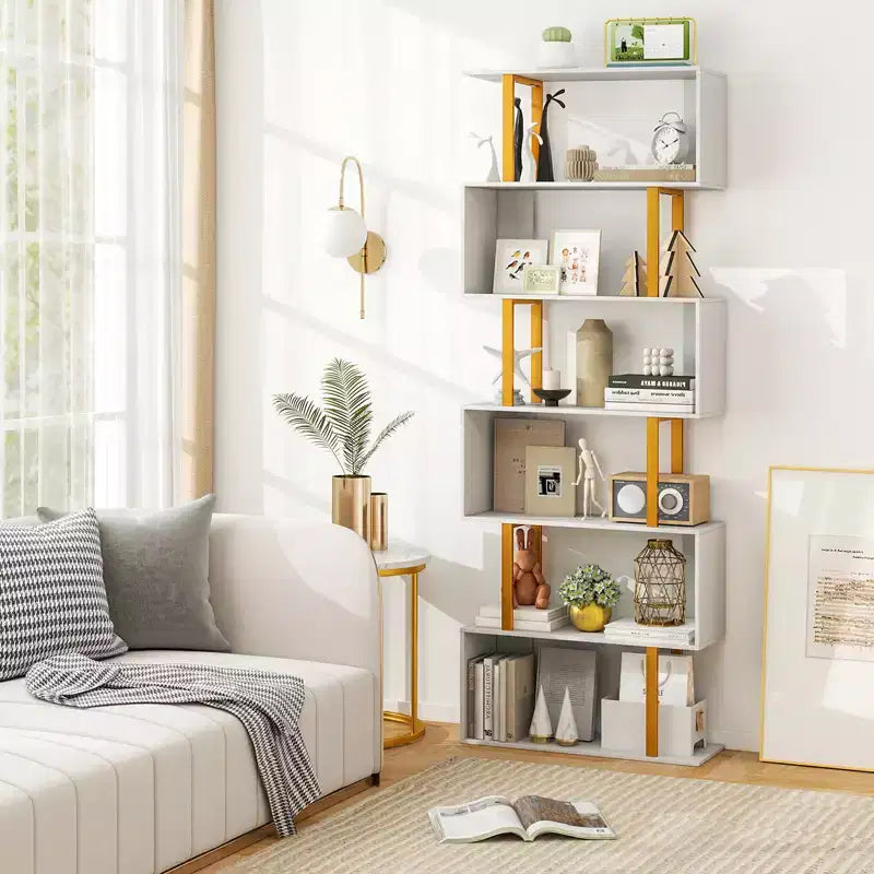 Costway 6-Tier Geometric Bookcase 74.5-Inch S-Shaped Bookshelf w/ Metal Frame Gold