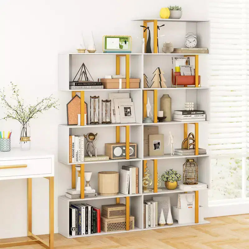 Costway 6-Tier Geometric Bookcase 74.5-Inch S-Shaped Bookshelf w/ Metal Frame Gold