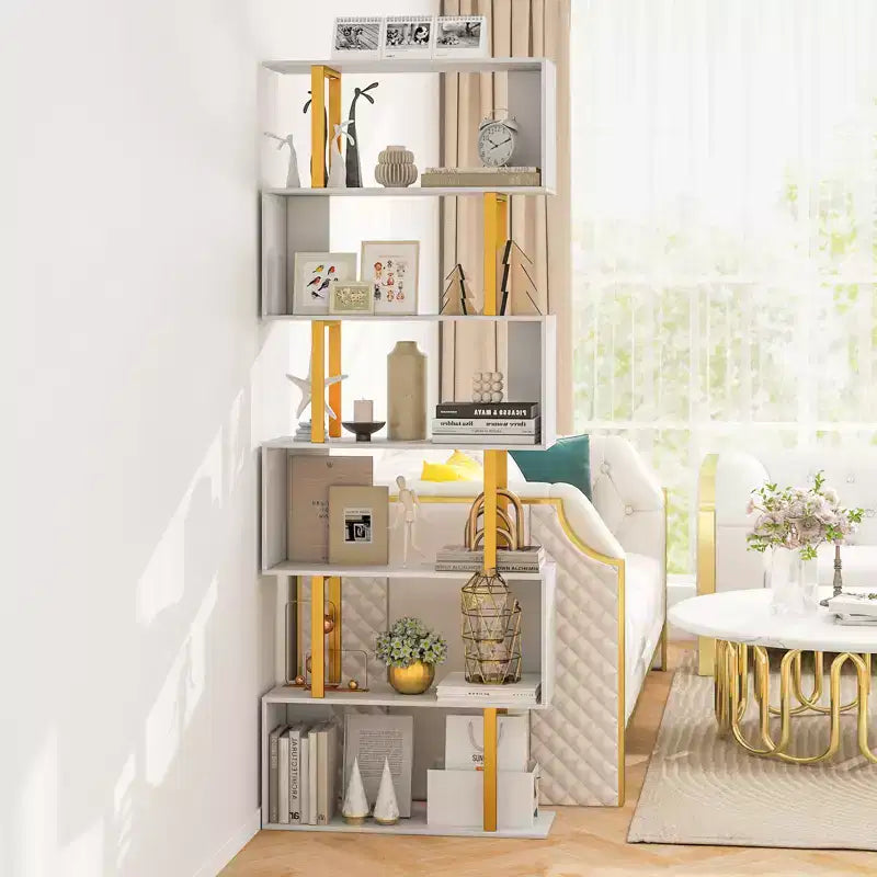 Costway 6-Tier Geometric Bookcase 74.5-Inch S-Shaped Bookshelf w/ Metal Frame Gold