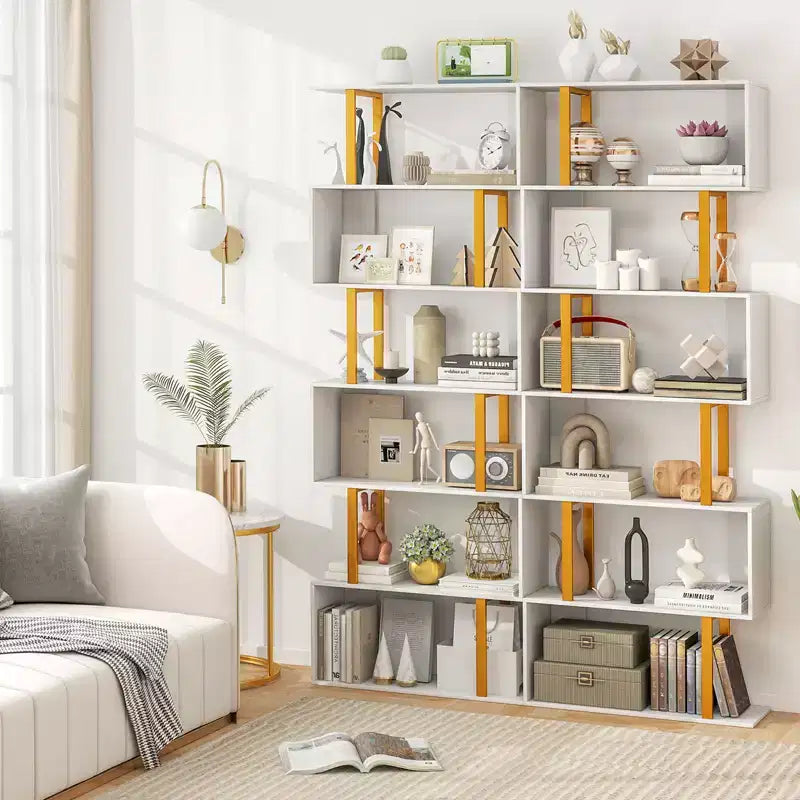 Costway 6-Tier Geometric Bookcase 74.5-Inch S-Shaped Bookshelf w/ Metal Frame Gold