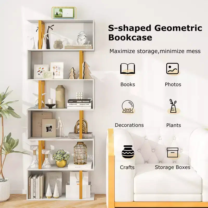 Costway 6-Tier Geometric Bookcase 74.5-Inch S-Shaped Bookshelf w/ Metal Frame Gold
