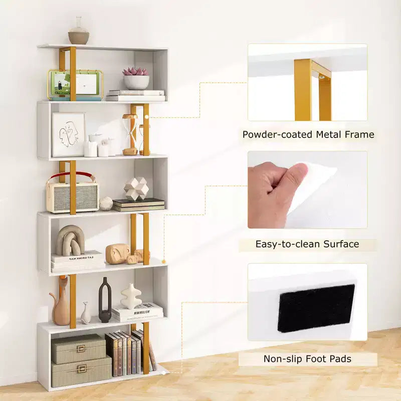 Costway 6-Tier Geometric Bookcase 74.5-Inch S-Shaped Bookshelf w/ Metal Frame Gold