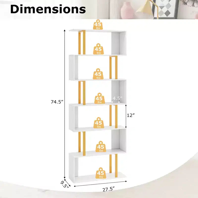 Costway 6-Tier Geometric Bookcase 74.5-Inch S-Shaped Bookshelf w/ Metal Frame Gold