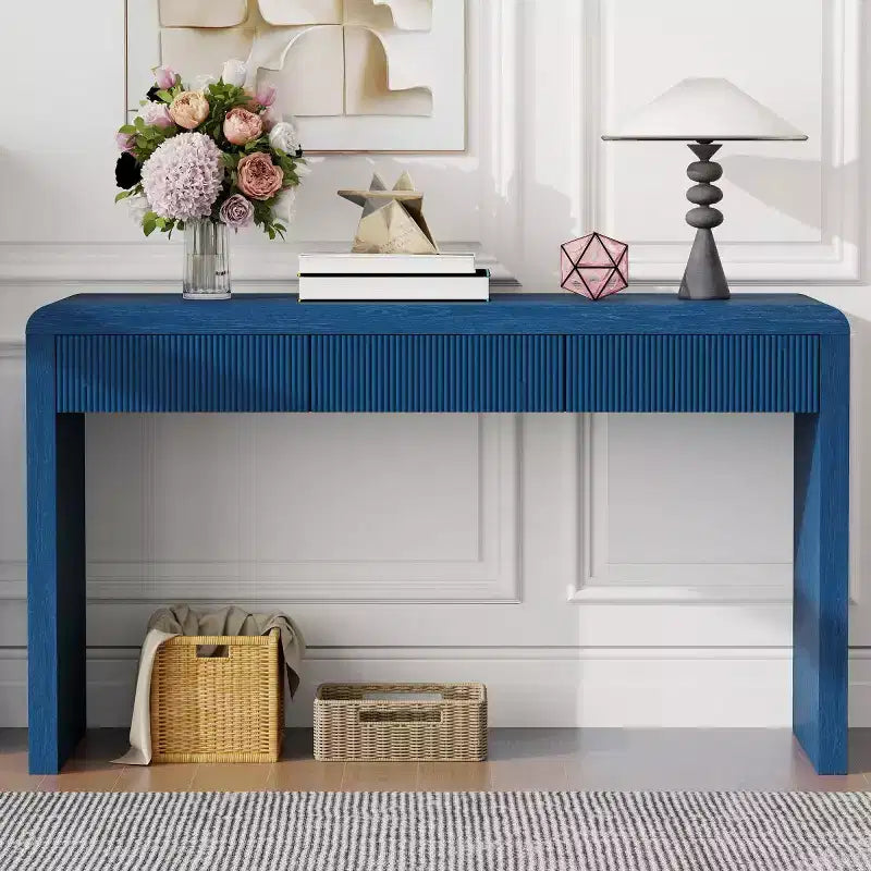 Farmhouse Entryway Console Table with 3 Fluted Drawers, Hallway Table with Curved Edge for Living Room or Office - Panipeachy