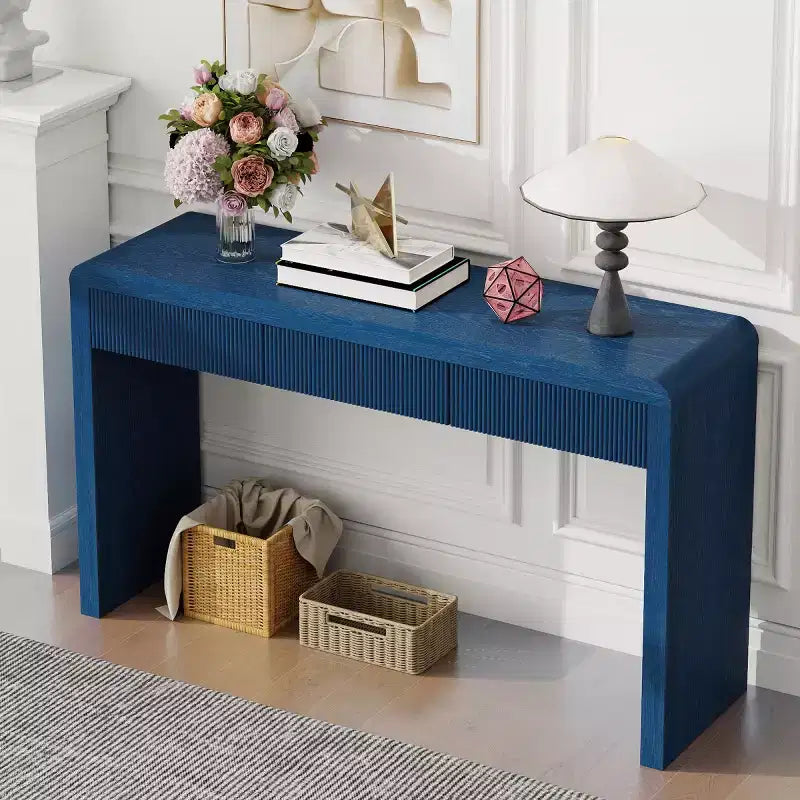 Farmhouse Entryway Console Table with 3 Fluted Drawers, Hallway Table with Curved Edge for Living Room or Office - Panipeachy