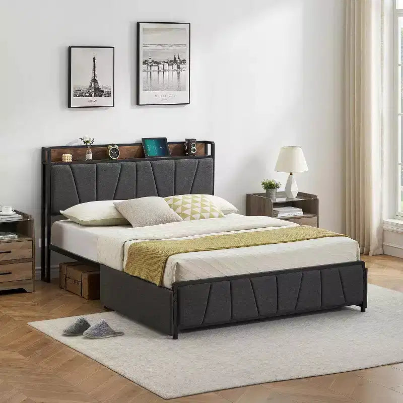 Queen Size Bed Frame with LED Lights and Charging Station, 2 Storage Drawers, Upholstered Bed Storage Headboard & Drawers, Easy Assembly, Noise Free