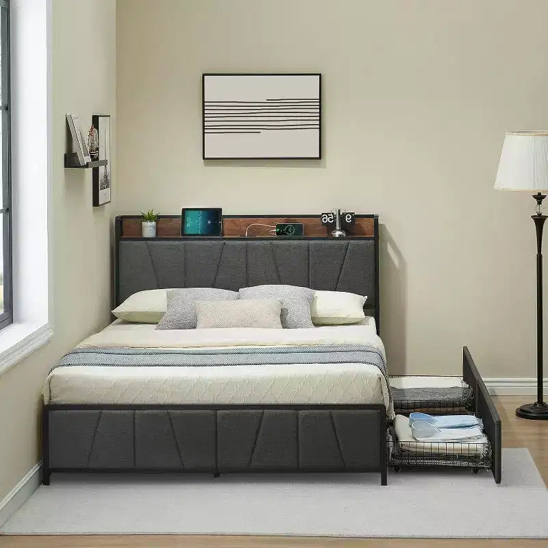 Queen Size Bed Frame with LED Lights and Charging Station, 2 Storage Drawers, Upholstered Bed Storage Headboard & Drawers, Easy Assembly, Noise Free
