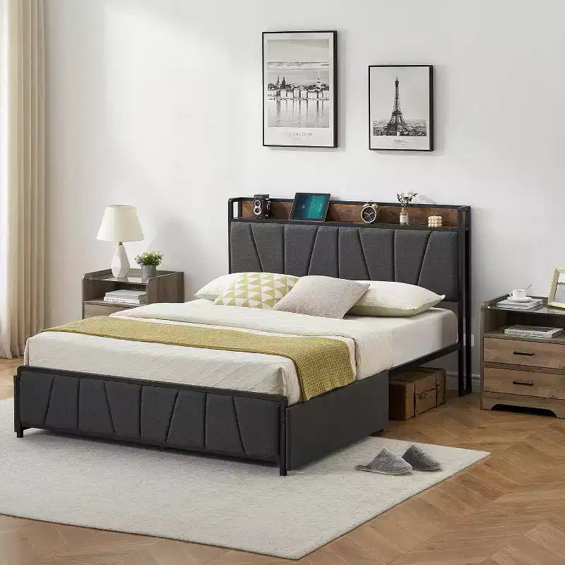 Queen Size Bed Frame with LED Lights and Charging Station, 2 Storage Drawers, Upholstered Bed Storage Headboard & Drawers, Easy Assembly, Noise Free